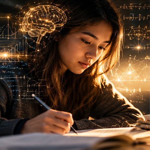 Student studying with glowing brain and mathematical overlays representing deep analysis and higher-order thinking