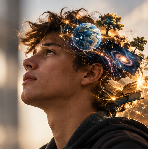 Student with glowing connections representing intellectual curiosity, cognition, and expanding knowledge