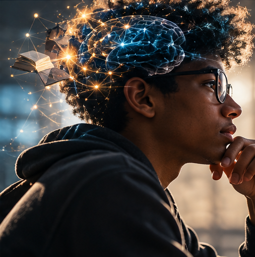 Student in deep reflection with glowing brain and knowledge connections, representing higher-order thinking and intellectual curiosity