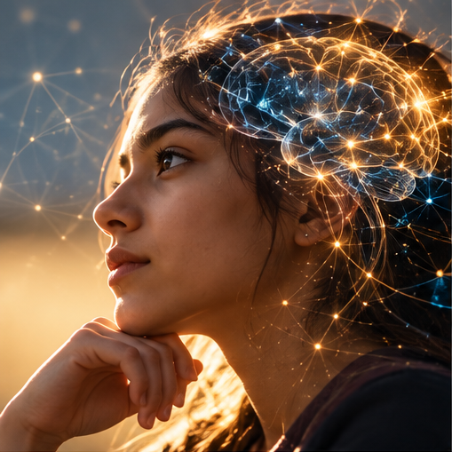 A student in thoughtful reflection, with an illuminated neural network overlay representing the connections formed through deeper learning